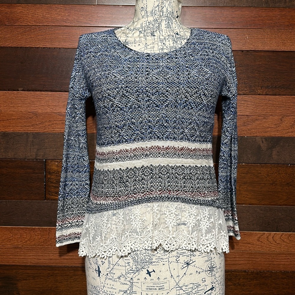 Rewind Crew Neck Long Sleeve Multi Colored Lacey Sweater